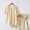Estilo Fresco Conjunto de Pijama Feminino de Verão Manga Curta Gola Redonda Pulôver Crepe de Algodão Roupa de Casa