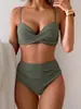 Bikini de Color Sólido Estilo Nuevo Europeo y Americano Traje de Baño 2026 Estampado de Leopardo Multicolor de Cintura Alta Push-Up Verde Militar