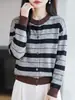 Elemento de rayas retro duradero cuello redondo manga larga cárdigan versátil primavera otoño uso diario estilo perezoso chaqueta