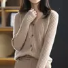 Moda Primavera 2026 para Mujer Cuello en V Holgado Versátil Canalé Lana 100% Chaqueta Simple Color Sólido Adelgazante Cárdigan de Punto
