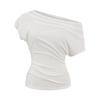 Nicho Coreano 25 Novo Estilo O Mesmo Estilo de Zhao Lusi Design Elegante Ombro Oblíquo Cintura Franzida T-Shirt Sexy de Manga Curta