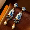 Pendientes de Jarrón Vintage Medieval Estilo Palacio Estilo Retro Pendientes Colgantes Nuevos Chinoiserie Pendientes Clásicos de Porcelana Azul y Blanca
