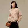 Suéter de Mohair con Flores Graduadas de Perlas para Mujer, Cuello Redondo, Estilo Perezoso Holgado, Tejido Suave, Top de Principios de Otoño