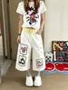 Chao Li Youhuo Pantalones de Trabajo Blancos Bordados de Mezclilla Cortos para Mujer, Verano Delgados de Cintura Alta Sueltos Rectos de Pierna Ancha de Longitud Media