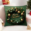 Funda de Cojín Navideña Verde Oscuro y Dorado de Lujo Ligero Funda de Almohada con Estampado de Reno y Guirnalda de Moda Funda de Almohada de Dibujos Animados para Sala de Estar y Dormitorio