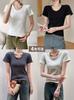 Playera de Manga Corta con Cuello Redondo Estilo Coreano para Mujer Primavera y Verano Sexy Slim Hombro Derecho Blanco Top Básico de Algodón
