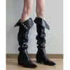 Botas acima do joelho para mulheres, genuínas, design de nicho, uso de duas maneiras, botas amassadas, botas de montaria de cano alto, salto grosso, botas de cowboy ocidentais para mulheres