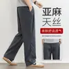 Calça Casual Cropped de Linho Tencel para Homens, Verão 2026, Fina, de Perna Reta, Tendência, Calça de Algodão e Linho para Homens Baixos