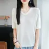 Camiseta Base de Color Sólido con Lentejuelas, Manga Corta, Cuello en V, Tejida, Flecos de Perlas, Nueva Primavera/Verano 2026 para Mujer