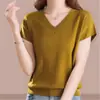 Top de punto a rayas simple de manga corta con cuello en V, estilo nuevo, holgado, talla grande para mujer, versátil y adelgazante, casual, negro, talla única