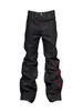 Jeans de corte recto ligeramente acampanado de 13 onzas, mezclilla cruda, bordado de alta densidad en negro y rojo, fuente cursiva original de nicho estilo americano
