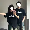 Algodón Puro Peinado Especial Ropa de Pareja con Caras Sonrientes, Nuevo Estilo de Verano, Camiseta Blanca y Gris Sencilla de Manga Corta para Mujer