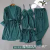 Pijama Feminino de Verão Fino Seda Gelada Renda Sexy Alça Longa Camisola Conjunto de Quatro Peças Roupas Caseiras Femininas com Bojo