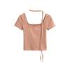 Diseño Spice Girl Bufanda de dos usos Camiseta de manga corta para mujer Verano Retro Cuello cuadrado Clavícula Ajustado Top corto