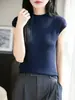 Camiseta sem mangas gola alta parcial em Tencel para mulheres, Novo estilo de verão, Gola média, Top curto, Camiseta de seda gelada, Colete fino sem mangas