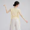 Top de verano para mujer para danza con mangas con volantes, de manga corta, adecuado para danza china, danza moderna y práctica, corte holgado y efecto adelgazante