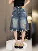 Moda de Verano Nueva Personalidad Estilo Americano Shorts de Mezclilla Rasgados Talla Grande para Mujer, Corte Holgado, Favorecedores, Elegantes Pantalones de Cinco Puntos de Pierna Ancha