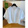 Camisa de Verano 2026 Estilo Coreano con Cuello en V y Cremallera para Mujer, Cárdigan de Manga Corta, Estilo Nuevo, Holgada y Bonita, Mangas Murciélago con Aspecto Súper Agradable