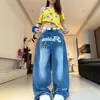 Jeans de Verano Retro Americano con Estampado de Letras y Estrellas, Diseño Rasgado de Cimitarra, Pierna Ancha Suelta Adelgazante