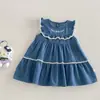 Vestido Princesa Bordado para Meninas 2026 Novo Verão Bebê Renda Manga Morcego Estilo Coreano Infantil Saia Jeans