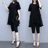 Conjunto de dos piezas de moda para mujer talla grande, que reduce la edad, adecuado para mujeres con sobrepeso, caderas anchas y muslos gruesos, que cubre el abdomen y estiliza, conjunto de verano