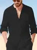 Nova Camisa de Linho Masculina de Manga Longa, Camisa Casual de Praia com Caimento Solto e Colarinho, Camisa Lisa de Manga Longa