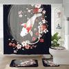 Traje de cortina de ducha japonesa de 4 piezas con alfombra antideslizante, cojín para asiento de inodoro y en forma de U, ola de Kanagawa al atardecer