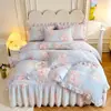 Juego de falda de cama de cuatro piezas 100% algodón con encaje y estampados florales, estilo princesa, para camas individuales y dobles, funda nórdica 1.8m juego estilo falda de cama de algodón puro
