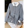 Foto Real de Camisa de Manga Larga de Algodón Hilo Doble Cuadros Pequeños Coreana 25 para Mujer, Nuevo Top Holgado que Reduce la Edad, Camisa Ajustada para Mujer