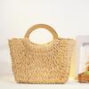 Nueva Moda Bolso Tejido de Paja con Asa Redonda de Madera Bolso Tejido de Cuerda de Papel Cuadrado Redondo Tipo Cubo Bolso Tejido Vintage Casual Portátil para Playa Bolso de Mujer