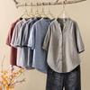 Camisa Japonesa de Gasa de Algodón de Doble Capa de Manga Tres Cuartos para Mujer Verano Retro Literaria Cuello en V Slim Rayas Verticales Top de Algodón Versátil