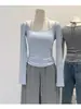 5195 # Camiseta Básica Feminina Outono/Inverno com Design Decote Halter Desejo Puro com Bojo Manga Longa Slim Elástica de Viscose Escovada