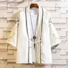 Camiseta de verano para hombre de estilo chino con manga tres cuartos, para hombre joven, casual, sencilla, retro, bordada con grulla, delgada, Hanfu para hombre