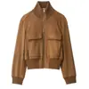 Moda feminina europeia e americana transfronteiriça, popular no AliExpress: Jaqueta bomber com gola alta canelada estilo francês