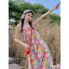 Vestido Novo de Verão para Mulheres, Estilo Menina, Caimento Solto, com Estampa e Suspensórios, Doce Renda com Cadarço, Super Bonito, Renda, Corte A, Longo