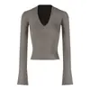 Camiseta Feminina Gola V Manga Longa Estilo Spicy Girl Pure Desire Outono/Inverno Camada Base Afina Cintura Cinchante Top Único de Lã Alemã ins