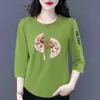 E-commerce Transfronteiriço Comércio Exterior Estilo Mãe Mulheres de Meia-Idade Camiseta de Manga Três Quartos Solta Casual Versátil Camiseta Básica Top