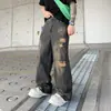 Marca Tendência Retro Americana Jeans Rasgado com Remendos Novo Estilo Solto Reto para Homens, Calça Longa Personalizada, Moda Jovem 2025