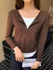 H401 En Stock Otoño Nuevo Estilo Cremallera Oculta Falso Dos Piezas Camiseta de Manga Larga para Mujer Casual Fruncido Camisa Base Superior