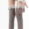 Meias Femininas Finas de Verão Pretas Acima do Joelho, Meias Lolita com Renda, Estilo Retrô, Meias Longas Sexy de Uso Duplo