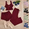 Popular Conjunto de Tres Piezas con Ribete de Encaje Transfronterizo: Camisola, Shorts, Pantalones Largos, Ropa de Dormir Elástica Ajustada para Mujer