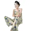 Elegante pijama de tirantes a rayas con copas en el pecho para mujer, ropa de casa de verano sin espalda con cordones, se puede usar en el exterior, conjunto fino de algodón y seda