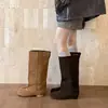 Botas de piel de vacuno con punta dividida, botas de caña alta para mujer, nuevo estilo otoño/invierno, piel genuina, tacón bajo, botas hasta la rodilla, botas para mujer