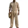 2026 Primavera e Outono Transfronteiriço Estilo Americano Linho Férias Casual Outdoor Masculino Conjunto de Calça Reta Solta de Manga Longa Henry