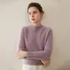 Versátil~Suéter feminino 100% caxemira pura com gola semi-alta, solto e grosso, para outono e inverno, camada base de malha de lã