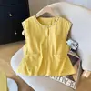 Diseño Coreano Chaleco de Botón Único Cuello Redondo Sin Mangas Top de Algodón y Lino para Mujer Verano Nuevo Versátil Diseño Bordado