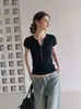 Camiseta Feminina de Verão Nova Malha Preta Gola V Ombro Normal Manga Curta Henley Slim Top