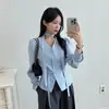 Enviado temperamento francês personalidade gola V moda design halter acinturado justo blusa top roupa feminina 17177