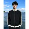 Chamarra deportiva para hombre con bloques de color de tres rayas y cuello alto, sudadera deportiva de moda para otoño con cierre, prenda exterior corta estilo americano para pareja