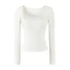 Camisa básica chic estilo coreano com renda e manga longa para mulheres, novo top elegante e bonito de corte justo para o início do outono com decote quadrado